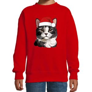 Bellatio Decorations Kersttrui / sweater kat/poes - kinderen - grijze kat/poes - rood - kerstmuts - Kerstmis 98/104