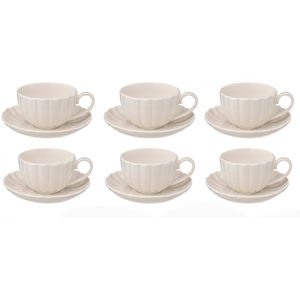 Set van 6 Witte Porseleinen Koffiekopjes met Schotel – 22 cl – Elegant Geribbeld Design