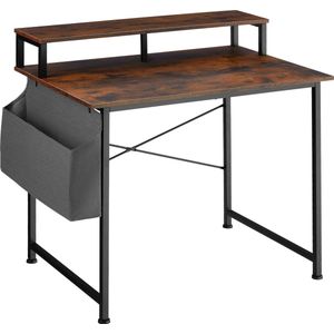 tectake® Bureau met opbergtas en monitorstandaard - Computerbureau - Houten bureaublad - Industrieel design - Zwart metalen frame - Afmetingen (LxBxH) 120 x 55x 90 cm - Donkerbruin