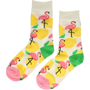 Sokken katoen - flamingo print - geel wit roze - maat 36-43