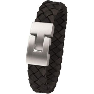 Lucardi Heren armband met gevlochten leer - Staal - Armband - Cadeau - Vaderdag - 21 cm - Zilverkleurig