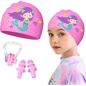 Badmuts Meisjes - Waterdichte Badmuts Kinderen - PU-gecoate Met Neusclip - Zeemeerminpatroon voor Lang Haar