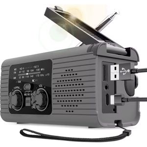 KimDo - Grijs - Noodradio - Opwindbare radio - Noodradio dynamo solar - Noodradio opwindbaar - Noodradio zaklamp/Powerbank - Survival radio