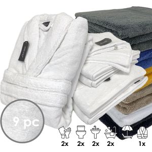 iSleep Terry Badtextiel - Voordeelset (9 delig) - 1x Badjas - Maat S - 2x Washandje 16x22 cm - 2x Gastendoekje 30x50 cm - 2x Handdoek 60x110 cm - 2x Badlaken 70x140 cm - Wit
