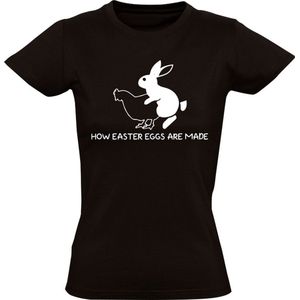 How Easter eggs are made Dames T-shirt - konijn - kip - boerderij - pasen - eieren - humor - paaseieren - bespringen