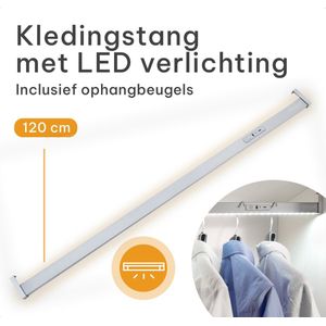Milano Luxurious kledingstang met LED verlichting bewegingsmelder – kastroede met natuurlijk wit licht –  oplaadbare kledingroede met sensor en aan/uit schakelaar – 120 cm - zilvergrijs