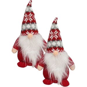 2x stuks pluche gnomes/dwergen/kabouters decoratie poppen/knuffels rood met muts 26 cm