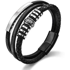Victorious Zwart Leren Armband Heren – Zwart Leer en Roestvrij Staal – Zwart – 20.5cm