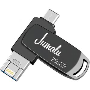 3 in 1 USB Stick 256GB - USB-A, USB-C & Lightning - USB 3.0 - Flash Drive - Universeel - voor Smartphones, Tablets, Laptops etc - Space Grey