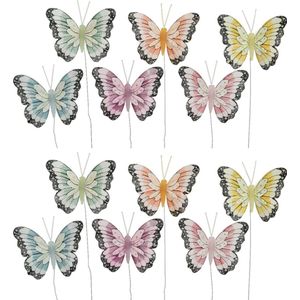 Decoris decoratie vlinders op draad gekleurd - 18x stuks - 8 cm