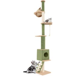 COSTWAY Krabpaal plafondhoogte, 218-253 cm, van vloer tot plafond, 5 verdiepingen tellende kattenboom met kattenmand, kamercapsule, krabladder, krabzuilen & touw, hoge kattenkrabpaal voor katten
