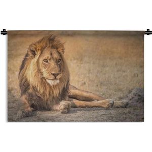 Wandkleed Roofdieren - Close-up leeuw in de savanne Wandkleed katoen 180x120 cm - Wandtapijt met foto XXL / Groot formaat!