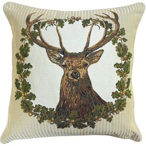 Kussenhoes - Luxe gobelinstof - Stag - Hert - Deer - Edelhert - Beige schotse ruit