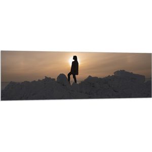 WallClassics - Vlag - Silhouet van Vrouw op Hoop Sneeuw - 150x50 cm Foto op Polyester Vlag