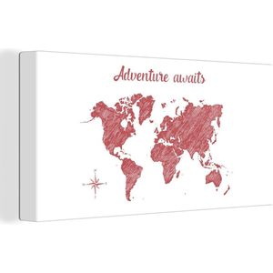 Wanddecoratie Wereldkaart - Rood - Quote - Canvas - 40x20 cm