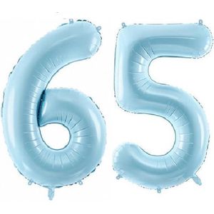 Folie ballon cijfer 65 jaar – 80 cm hoog – Blauw - met gratis rietje – Feestversiering – Verjaardag – pensioen - Bruiloft