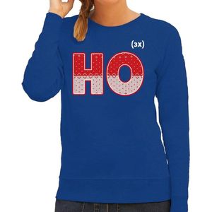 Foute Kersttrui / sweater - ho ho ho - blauw voor dames - kerstkleding / kerst outfit XL