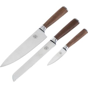 Ottimo - Messenset - 3 delig - Broodmes - Chef's mes - Schil mes - Japans staal - Walnoot- Hout