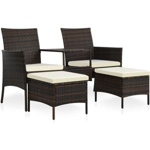 vidaXL - Tuinbank - met - tafeltje - en - krukken - tweezits - poly - rattan - bruin
