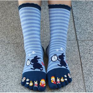 Teensokken dames - teen sokken - toesocks - blauw - print konijn - klok - 36 - 40 - cadeau voor haar - sport - yoga - runner sokken - teenslipper - teenslipper sokken - geschenk vrouw - Kerst cadeau - verjaardagscadeau