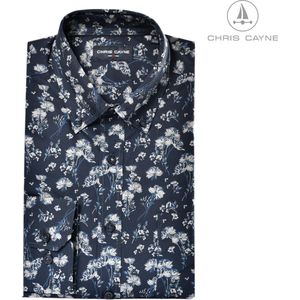 Chris Cayne heren overhemd - shirt heren lange mouw - maat M - kleur donkerblauw-blauw/grijs - lange mouw - dessin - button down kraag - overhemd met borstzak - herenkleding - herenmode