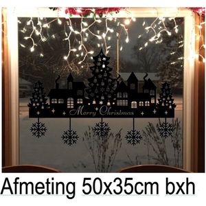 Kerst tafereel raam sticker Sneeuwvlokken - Town - 25 December  - Feest - Christmas - Decoratief - Huisjes - Kerstman - Kerstboom - Statische Herbruikbaar Zwart 50x35cm