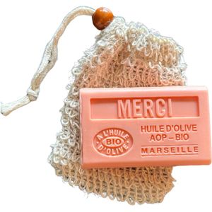 Zeep bedankje - Merci zeep + sisal scrubzakje - klein cadeautje - biologische olijfolie zeep - Savon de Marseille