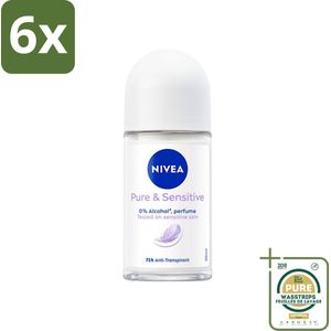 NIVEA - Deodorant Roller - Puur & Gevoelig - Anti-Transpirant - 50 ml - Voordeelverpakking - 6 stuks - Gevoelige huid - Deodorant roller