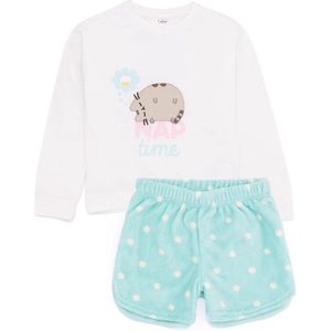 Meisjes pyjamaset Wit en Blauw - Comfortabele Loungewear met T-shirt en Fleece Shorts