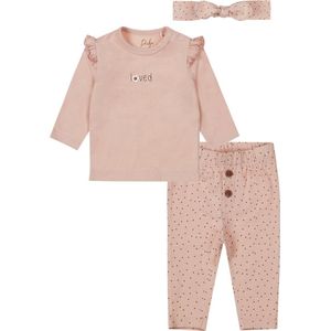 Dirkje - Basic Collection - BIO COTTON - Broek met stipjes - Shirt met printje - Haarband met stipjes - Light Dusty Pink - Maat 80