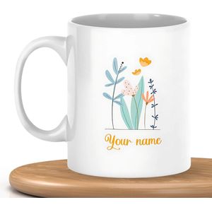 Mok met bloem afbeelding en naam geschreven - Gepersonaliseerde mok - Modern en stijlvol design - Mok voor warme en koude dagen - Valentijnsdag - Verjaardag - Nieuwjaarscadeau - Voor vaders en moeders - Voor vrienden - Gepersonaliseerde mok