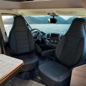 Stoelhoezen voor Fiat Ducato caravan / camper in pasvorm, set van 2 stuks - bestuurder 1 + 1 passagierszijde | Met armleuning hoezen | CBS103 | Zwart | Kunstleer