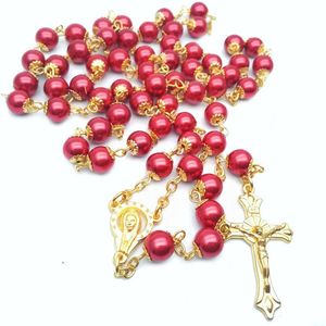 ICYBOY 18K Religieus Roze Parel Bedel Ketting met Jesus Kruis Pendant Verguld Goud [GOLD-PLATED] [ICED OUT] [50CM] - White Pearl Prayer Beads Rosary Necklace Gold Virgin Mary Pendant Jesus Cross Necklace for Christian Religion