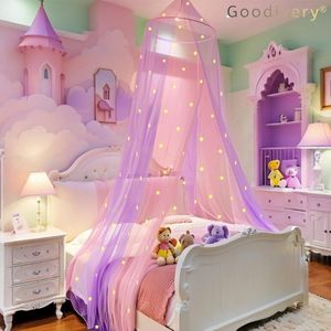 Goodivery ® Prinses regenboog-bedhemel met eenhoorn-slot licht op in het donker, bedhemel voor meisjes, kamerdecoratie of feeënthemafeest - Ster Roze+paars