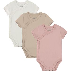 Bamboo Basics Mikky - Bamboe Baby Meegroei Overslagromper (Multipack 3 stuks) - Korte Mouwen - Zijdezacht - Ademend - Wit, Beige & Roze - 50/56