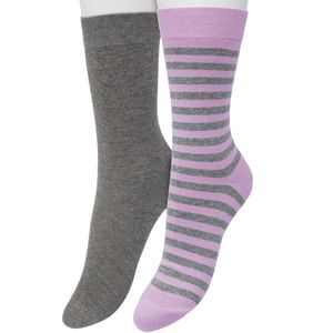 Bonnie Doon Sokken Set Gestreept en Effen voor Dames Paars/Grijs maat 36/42 - Set 2 paar Sokken - Strepen - Katoen - Gladde Naad - Brede Boord - Perfecte Pasvorm - 2-pack - Multipack - Licht Paars - Anthracite Heather - Lavender Mist - OL041101.261
