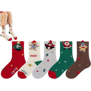 5 paar - Kerstsokken voor kinderen - Zachte kerstsokken - Cartoon jacquard kerstkousen - Halfhoge sokken voor jongens en meisjes - Naadloos - voor kinderen van 5-8 jaar