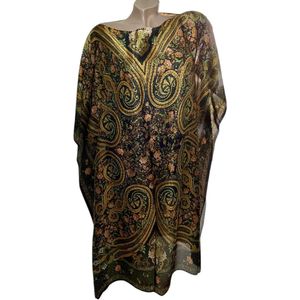Kaftan -Tuniek - Jurk - Satijn van Viscose - Zijde Onesize 38-48 zwart/geel/groen