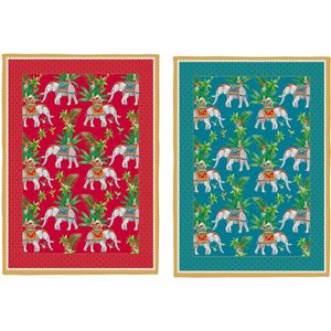 Easy Life - Theedoeken - Olifant -setvan2-rood-petrol-oosterstafereel-70x50cm-100%katoen