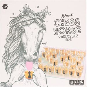 MikaMax Shotglass Chess Set - Schaak Drankspel - Glazen Speelbord met Shotglazen - Incl. 32 Shotglaasjes met Schaakafdrukken - 35 x 35 cm