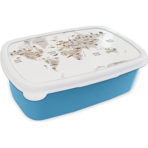 Broodtrommel Blauw - Lunchbox - Brooddoos - Wereldkaart kinderen - Dinosaurussen - Kinderkamer - Jongens - Meisjes - Kinderen - 18x12x6 cm - Kinderen - Jongen