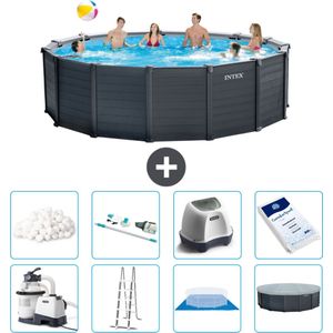 Intex Rond Graphite Gray Panel Zwembad - 478 x 124 cm - Inclusief Pomp - Ladder - Grondzeil - Afdekzeil Filterbollen - Stofzuiger - Zoutwatersysteem - Zwembadzout