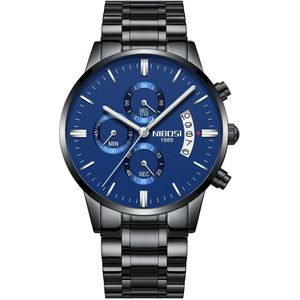 NIBOSI Horloges voor mannen - Horloge mannen – Luxe Zwart/Blauw Design - Heren horloge - Ø 42 mm – Zwart/Blauw - Roestvrij Staal - Waterdicht tot 3 bar - Chronograaf - Geschenkset met verstelbare pin