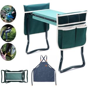 tuinkrukjes set met schort - kniebank tuin - kniebescherming tuinieren - kniekussen - tuinkruk inklapbaar- met opbergruimte voor gereedschap