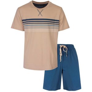 MEQ - Heren Shortama - Pyjama Set - Beige - Horizontale Strepen