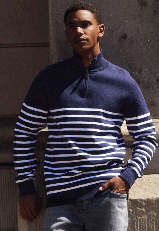 Mexx Pullover Striped Half Zip Navy Heren - Maat S