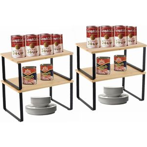 Bamboe Kast Plank Organizer 4-Pack - Uitbreidbaar en Stapelbaar Opbergrek voor Kasten, Keuken, Badkamer en Lounge