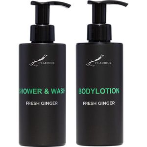 Douchepakket Fresh Ginger - Shower & Wash + Bodylotion - 300 ml per fles - bodycare - luxe fles - set van 2 stuks - Cadeau