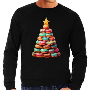 Bellatio Decorations Kerst trui / sweater heren - kerstboom van donuts - zwart - zoetekauw - Kerstmis S