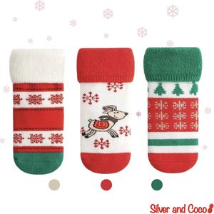SilverAndCoco® - 3 Paar Baby Kinder Kerstsokken 0 tot 1 Jaar met Anti Slip Zool / Vrolijke Happy Kerst Sokken Kerstman / Dikke Warme Huissokken Kerstcadeau kinderen / Wintersokken jongens meisjes Kleding Cadeautje Kind Sokjes
